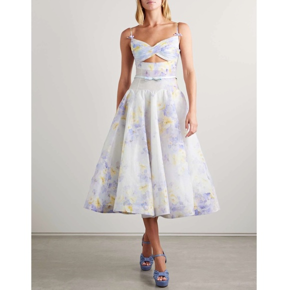 Zimmermann Floral Twist Front Organza Silk Linen Midi Dress Lilac Floral 8 NWT - Picture 1 of 17